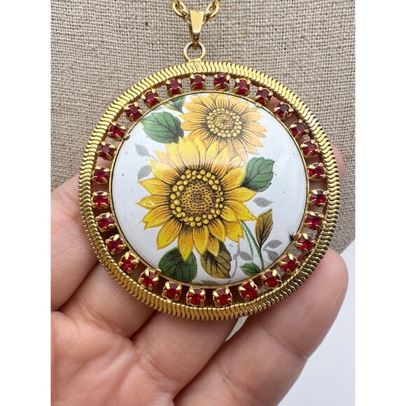 Vintage gold tone rhinestone sunflower pendant Necklace 23” - Picture 3 of 6